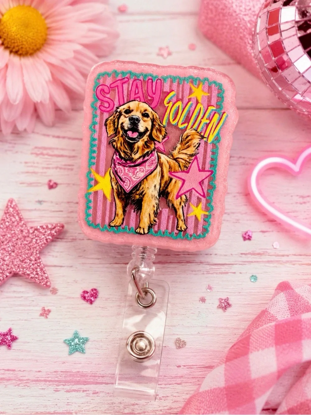 Pink Stay Golden Dog Badge Reel